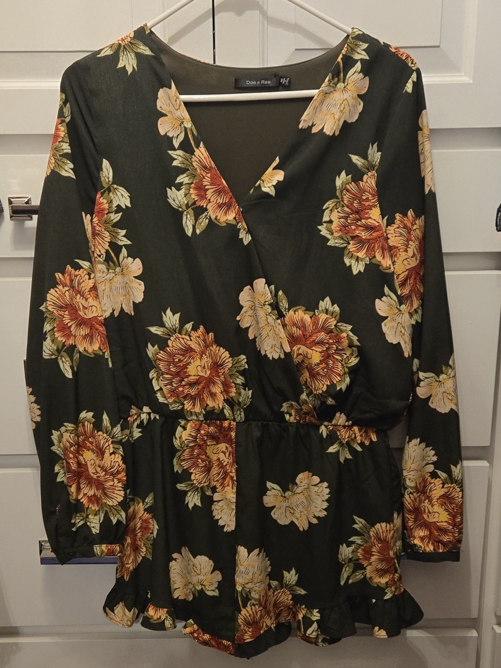 Doe & Rae Olive Green Floral Wrap Dress with Yellow Blooms